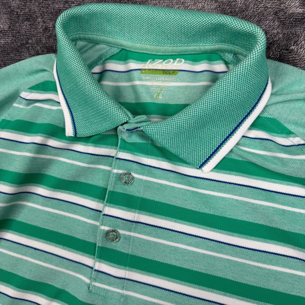 IZOD Polo Shirt Mens Large Green Striped Golf Performance Slim Fit
